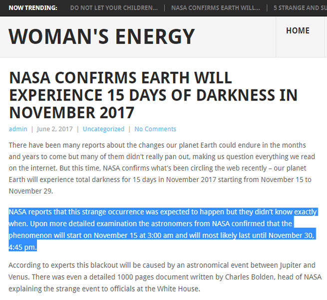 Earth going to darkness in November