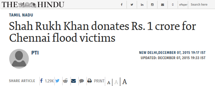 Shahrukh donate 45 crore for Pakistan