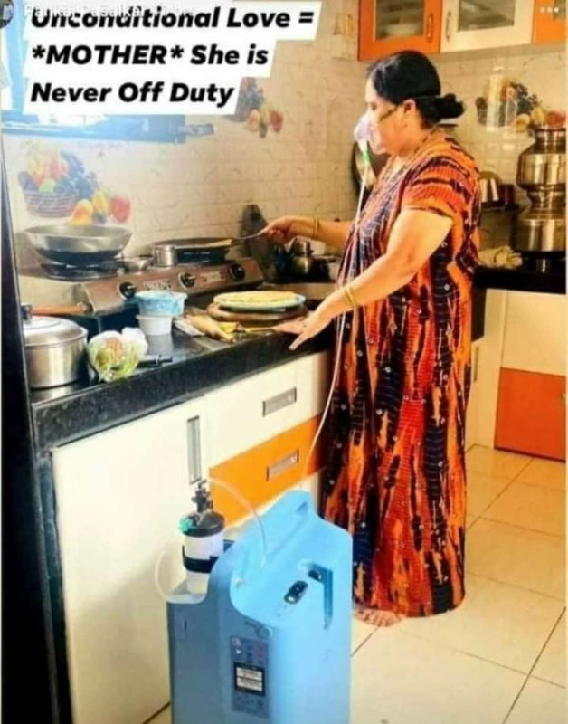 mother cooking while on oxygen support