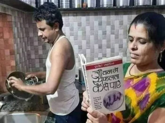 woman studying man doing house work